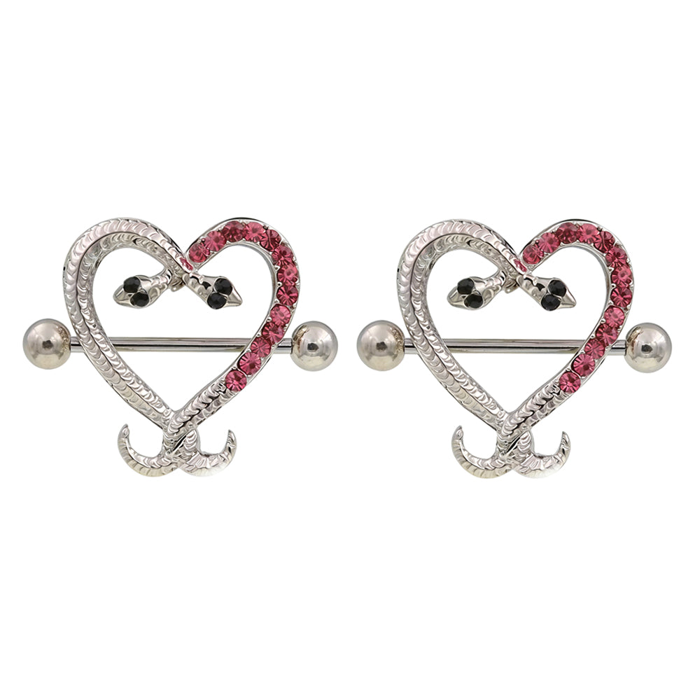 A matching pair of pink snake heart nipple shields for alternative fashion.