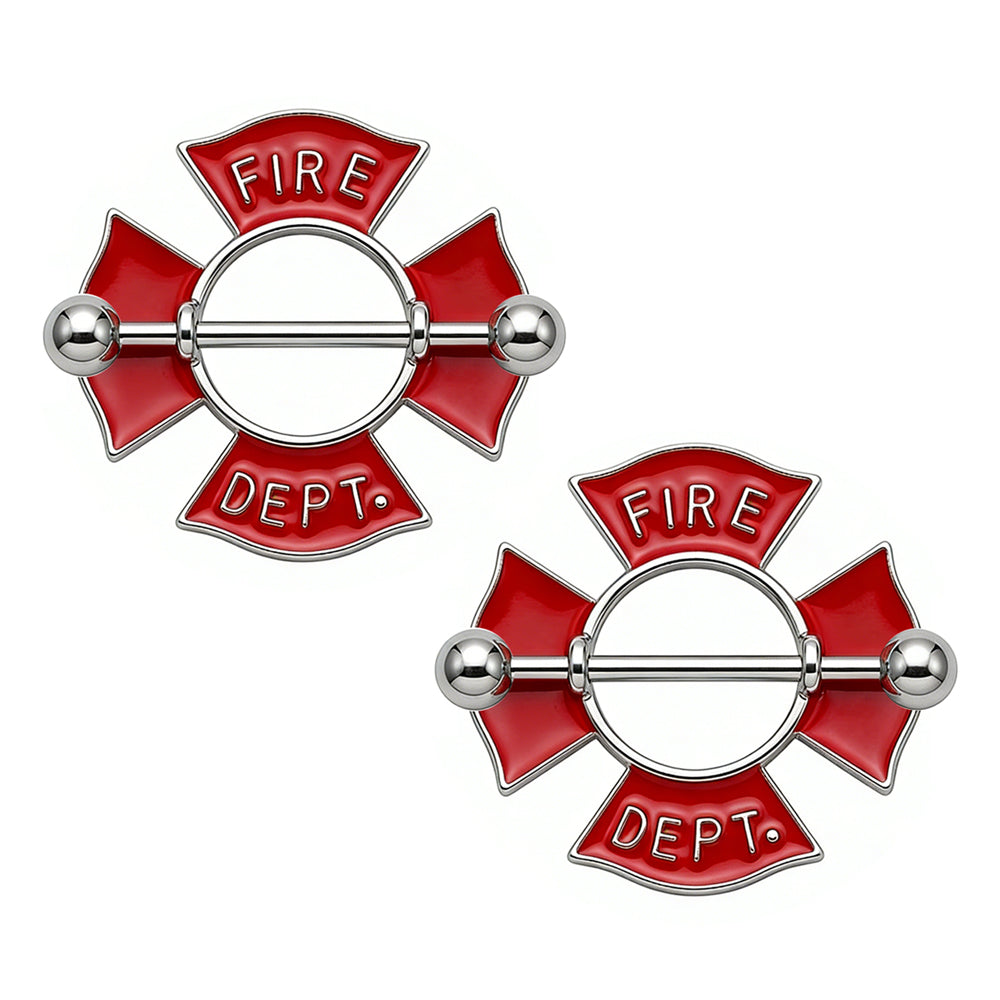 A pair of red Fire Dept style nipple shields displayed on a white background.