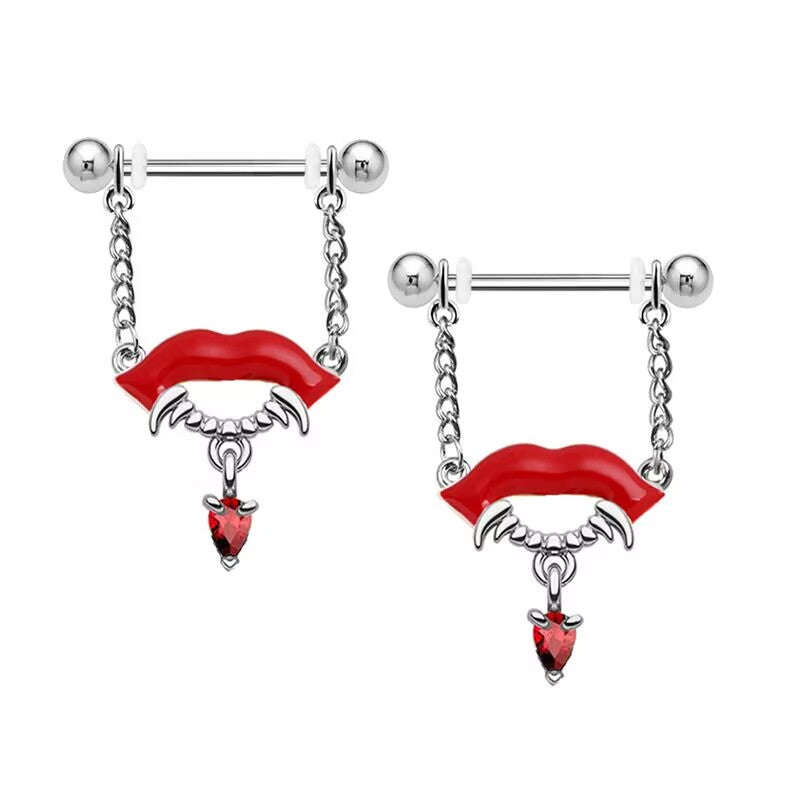 A pair of vampire themed red lips nipple shields on white background.