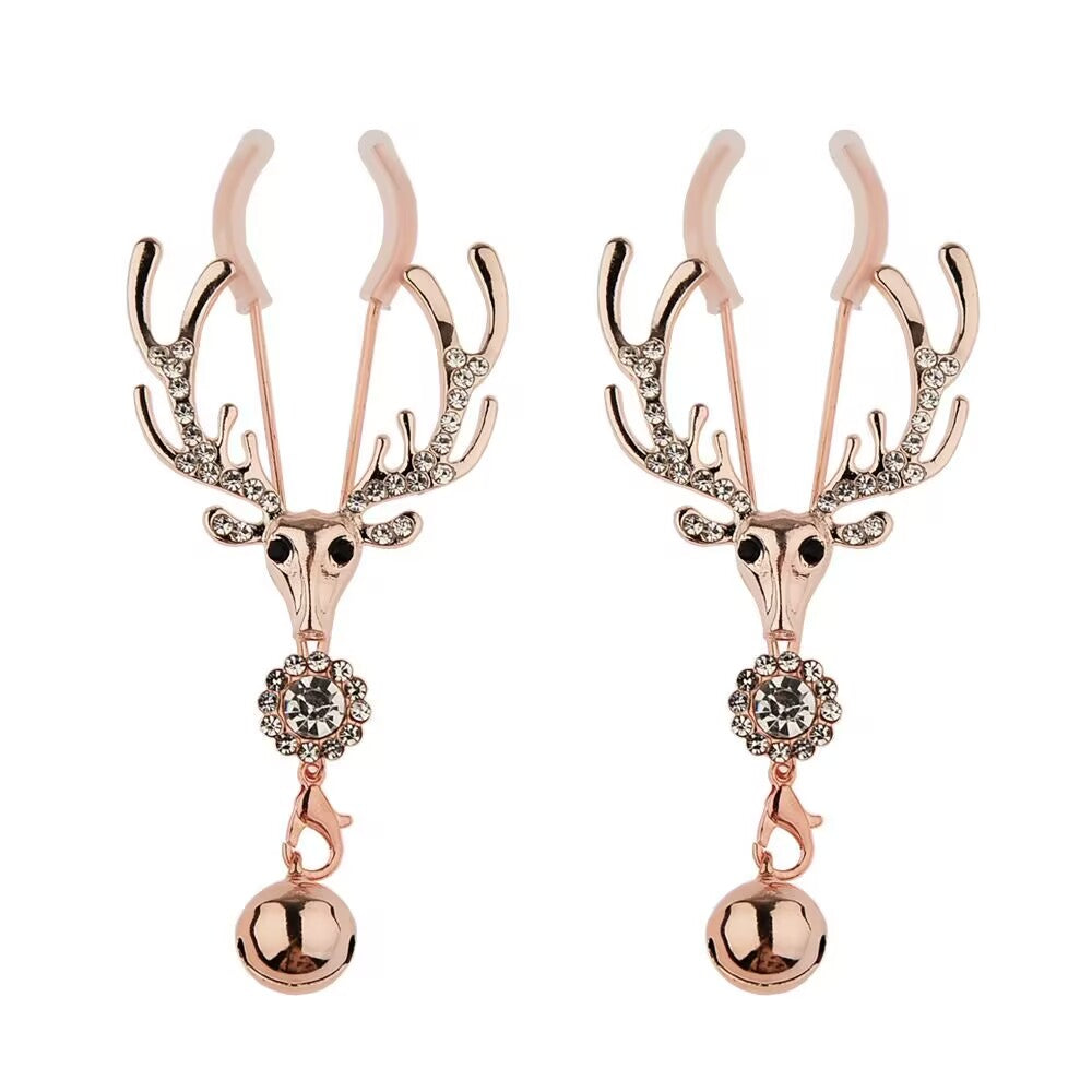 A matching pair of rose-gold tone reindeer non-pierced clamps for symmetrical styling.