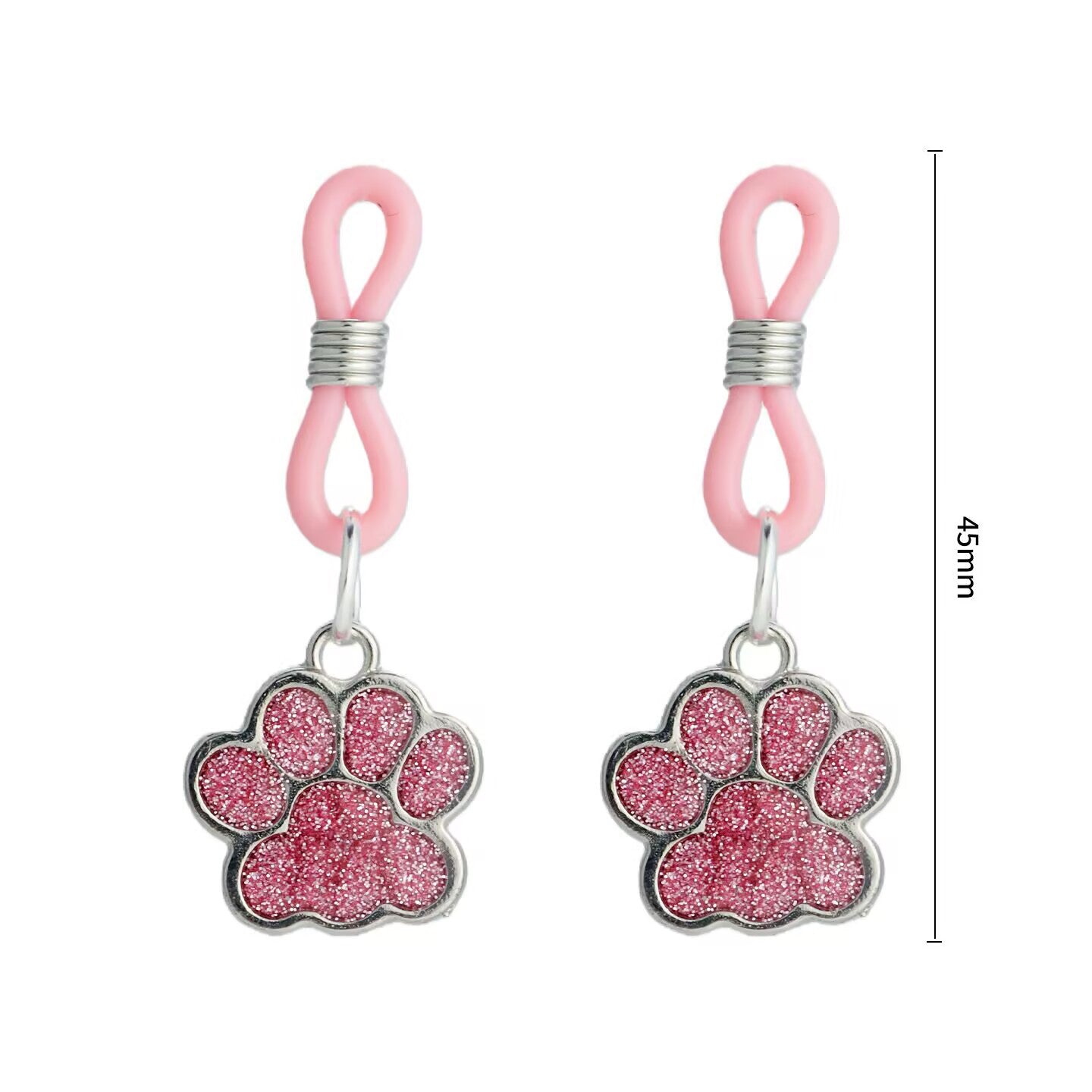 Size chart showing the 45mm length of the adjustable pink paw print body jewelry.
