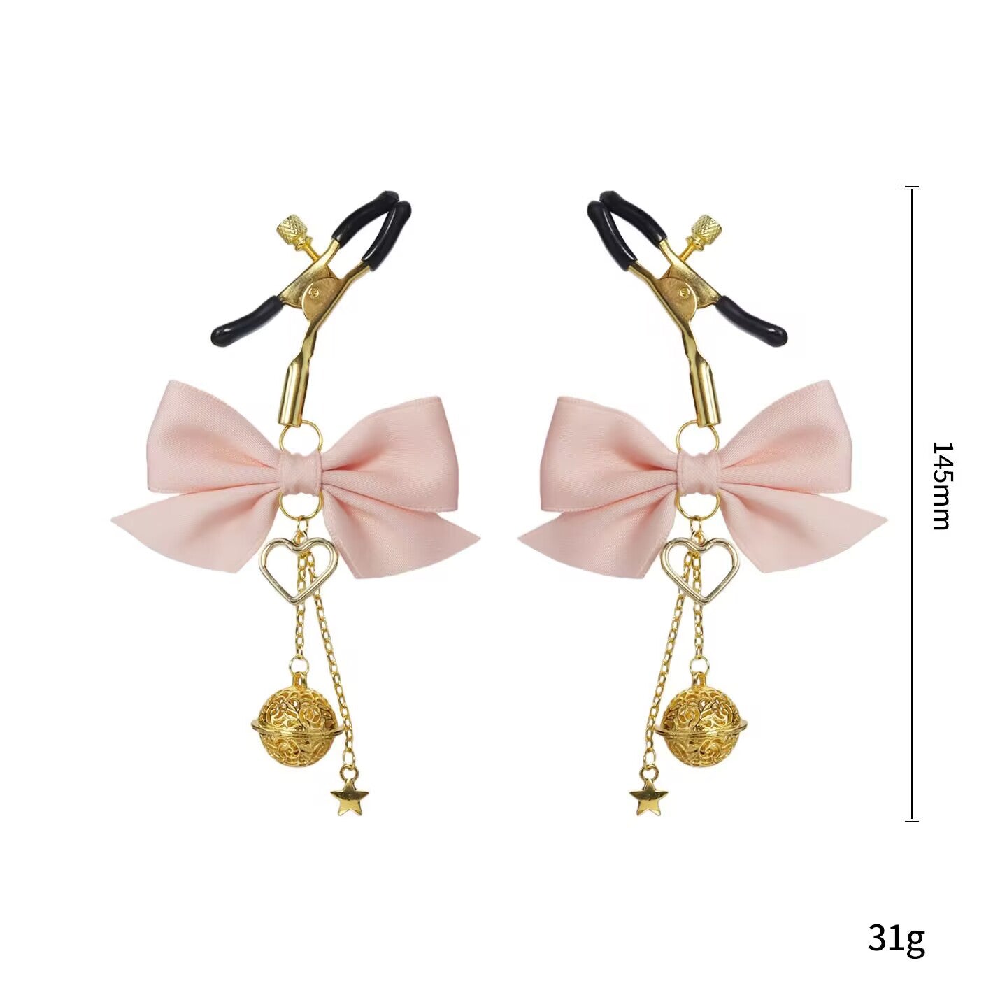 Soft pink ribbon nipple clamps with hanging gold star and heart charms.