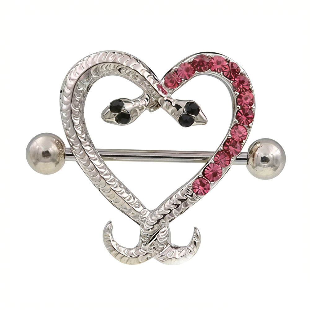Side-by-side view of a pink crystal snake heart nipple shield with black eyes.