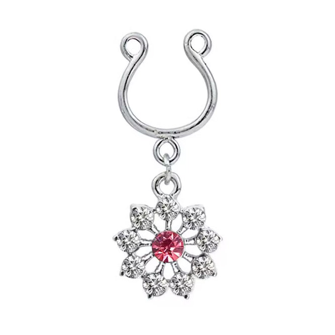 Front view of a silver-toned non-piercing nipple ring with a pink crystal flower dangle on a white background.