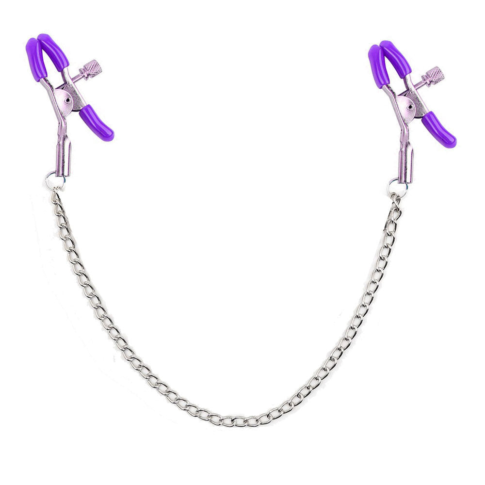 Adjustable tension nipple clamps with purple protective coating.