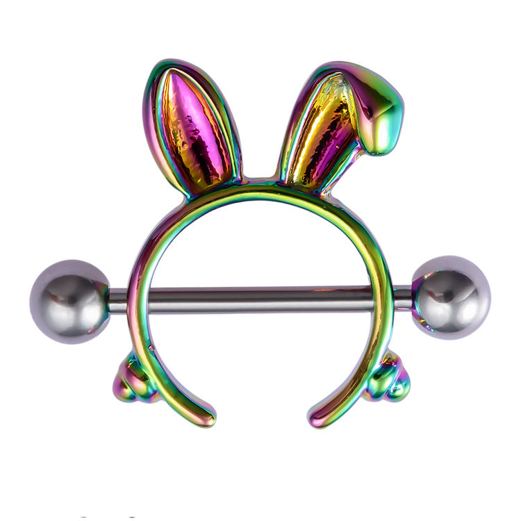 Multicolored rainbow bunny ear nipple shield body jewelry.