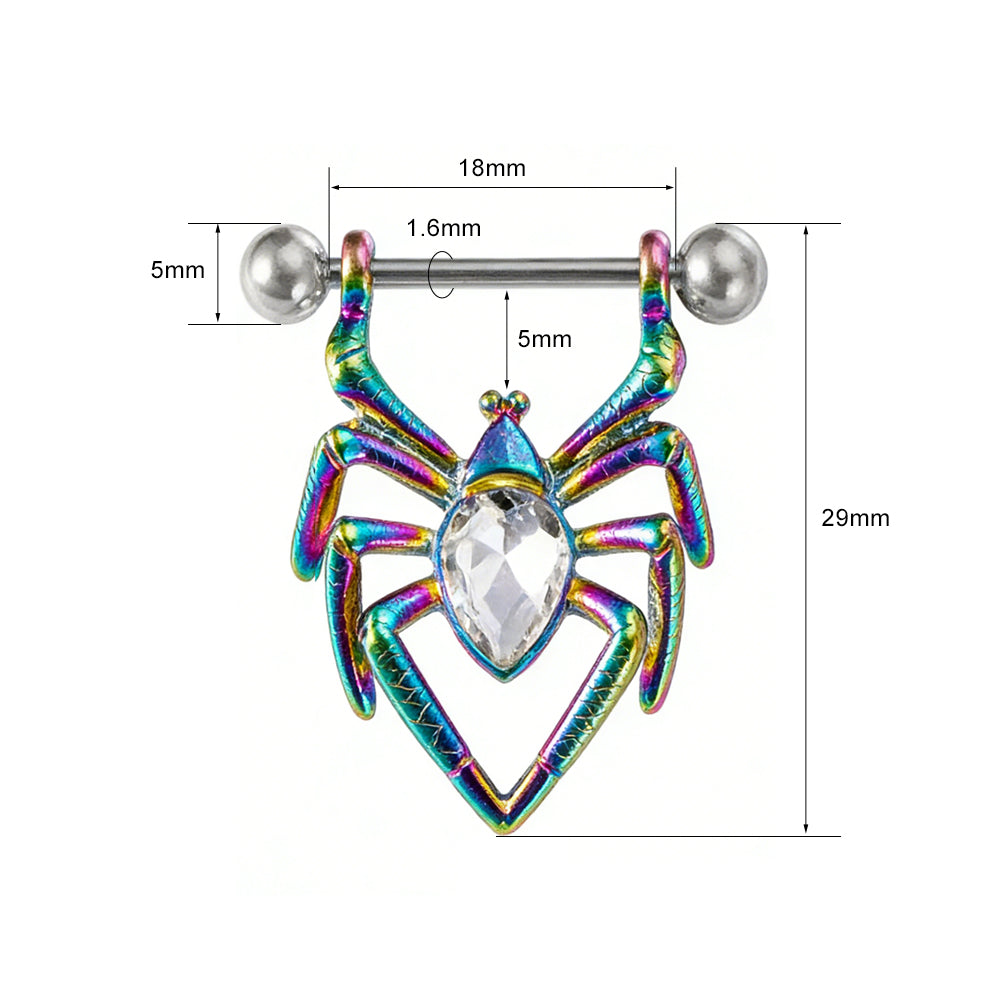 Rainbow spider nipple shield with precise sizing measurements (18mm bar length, 29mm height).