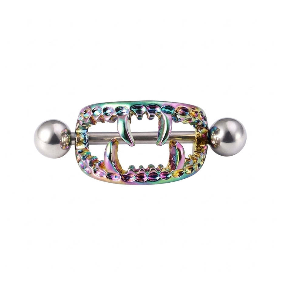 Rainbow colored vampire fangs nipple shield piercing jewelry on white background.