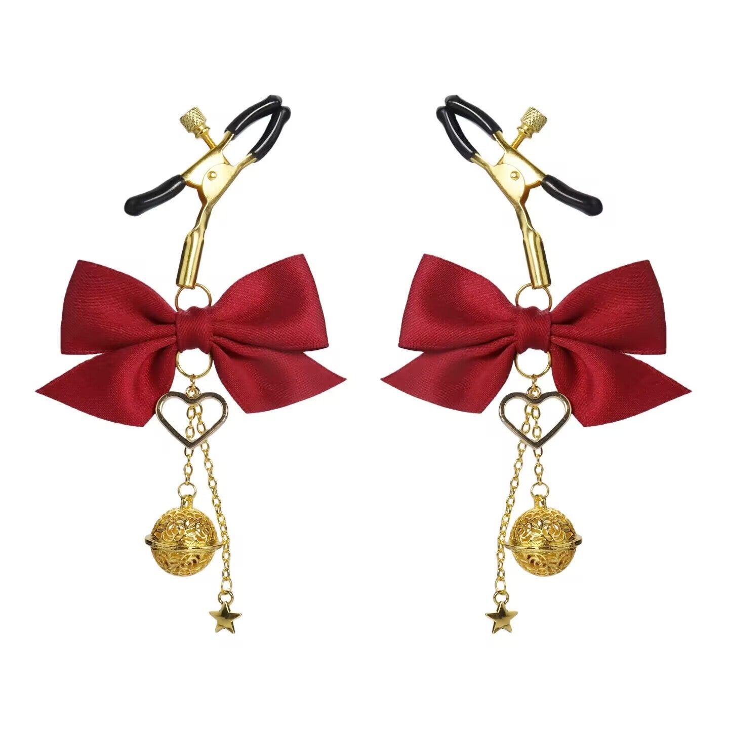 A pair of deep red bow nipple clamps with gold heart and bell tassels.