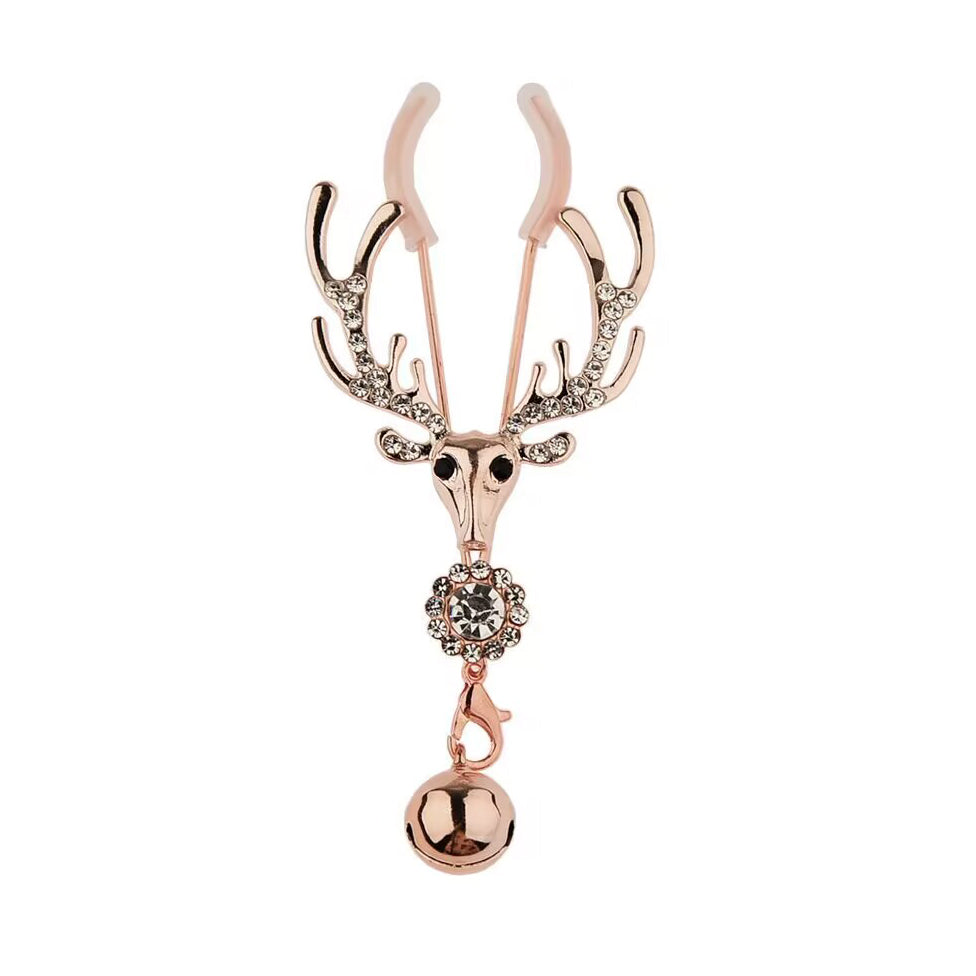 Front view of a crystal-accented reindeer non-pierced nipple clamp with a hanging bell