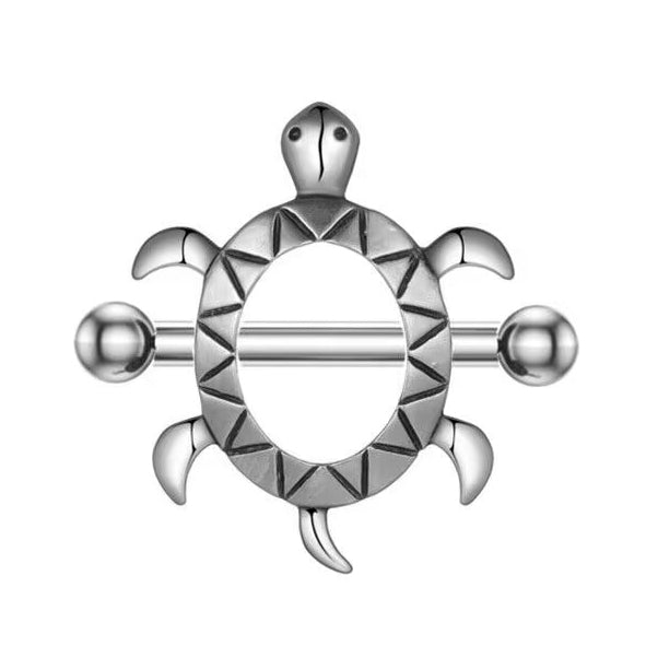 Single sea turtle nipple shield jewelry with decorative shell design on white background