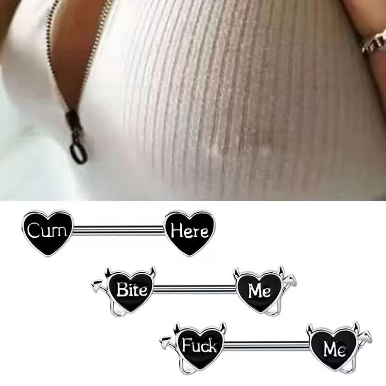 Lifestyle photo showing the aesthetic look of devil heart nipple jewelry under clothing.