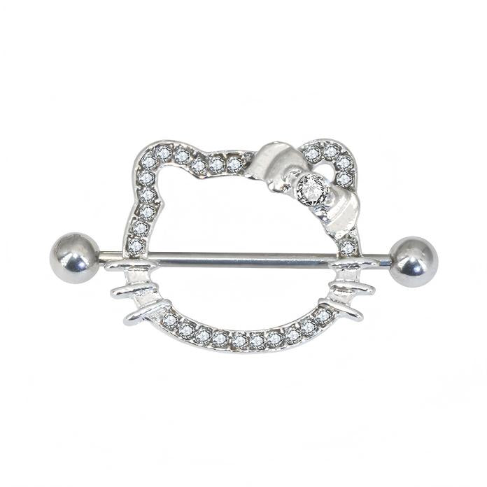 Front view of a silver-toned kitty nipple shield with clear sparkling crystals and a bow.