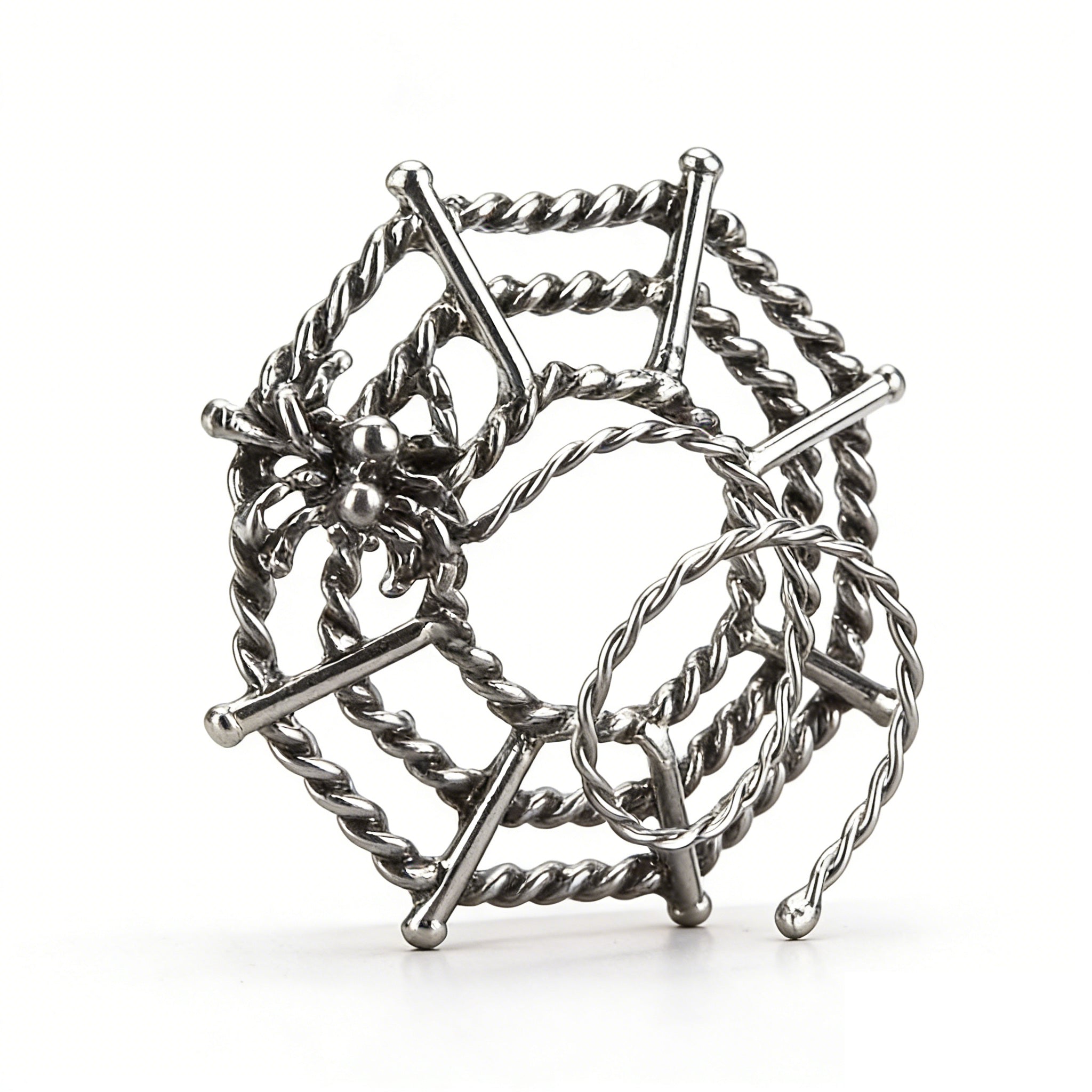 Silver spider web nipple shield with twisted wire design and spider charm.