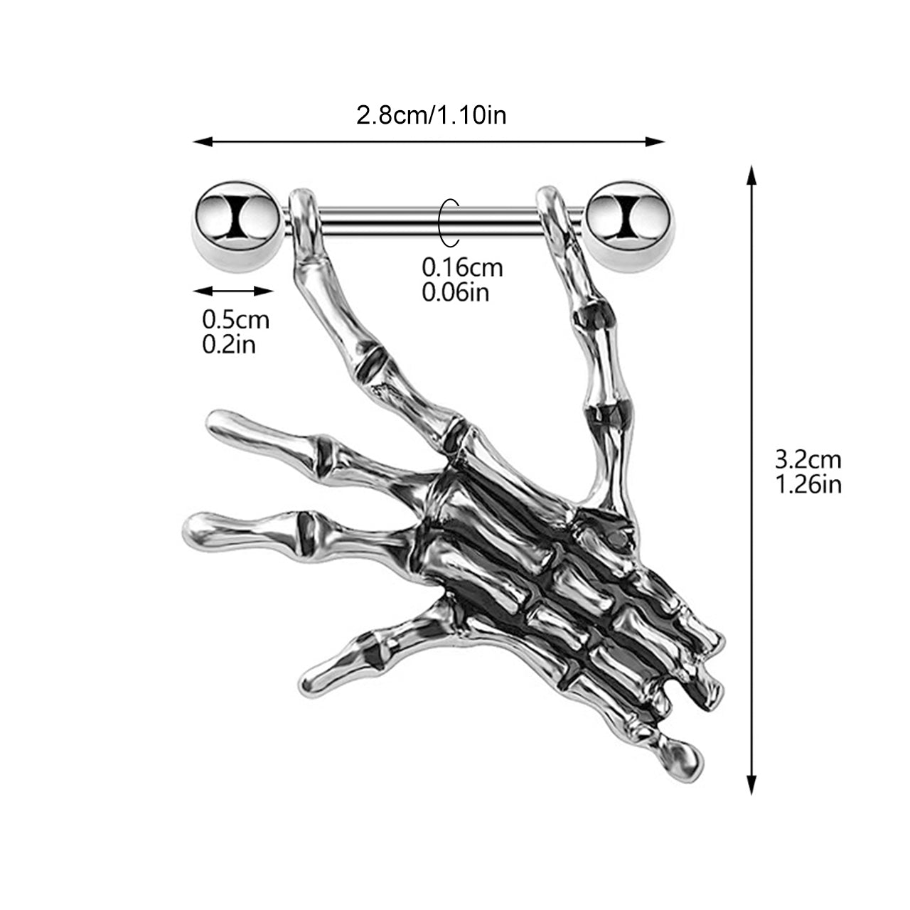 Product dimension diagram for skeleton hand nipple barbell showing 28mm length and 14G thickness.