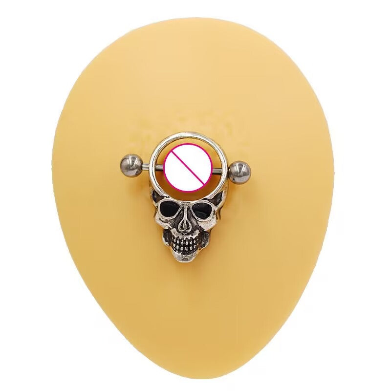 Punk style skull nipple shield displayed on a professional jewelry mannequin.
