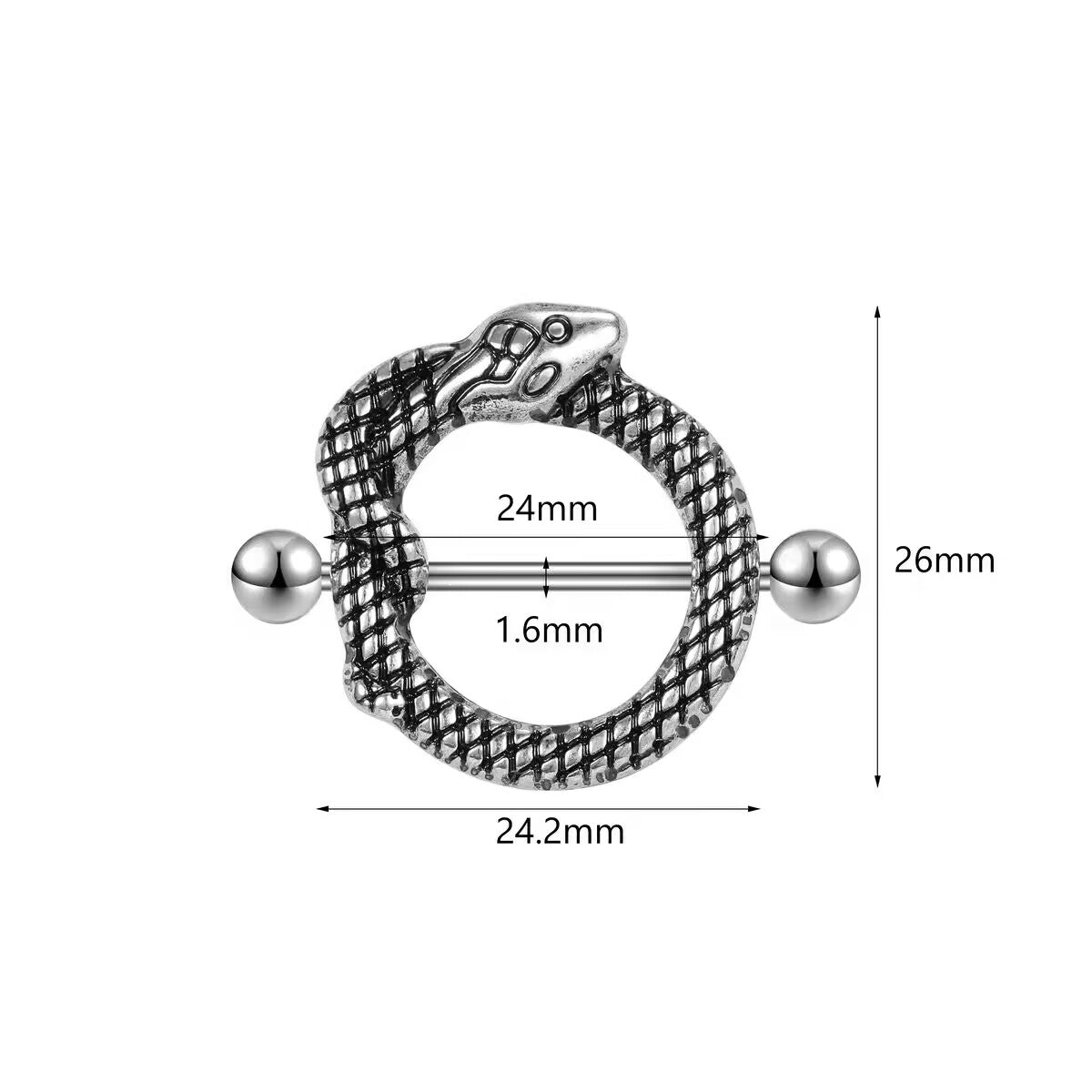 Detailed size dimensions for snake nipple piercing jewelry showing 1.6mm gauge and 24mm bar.