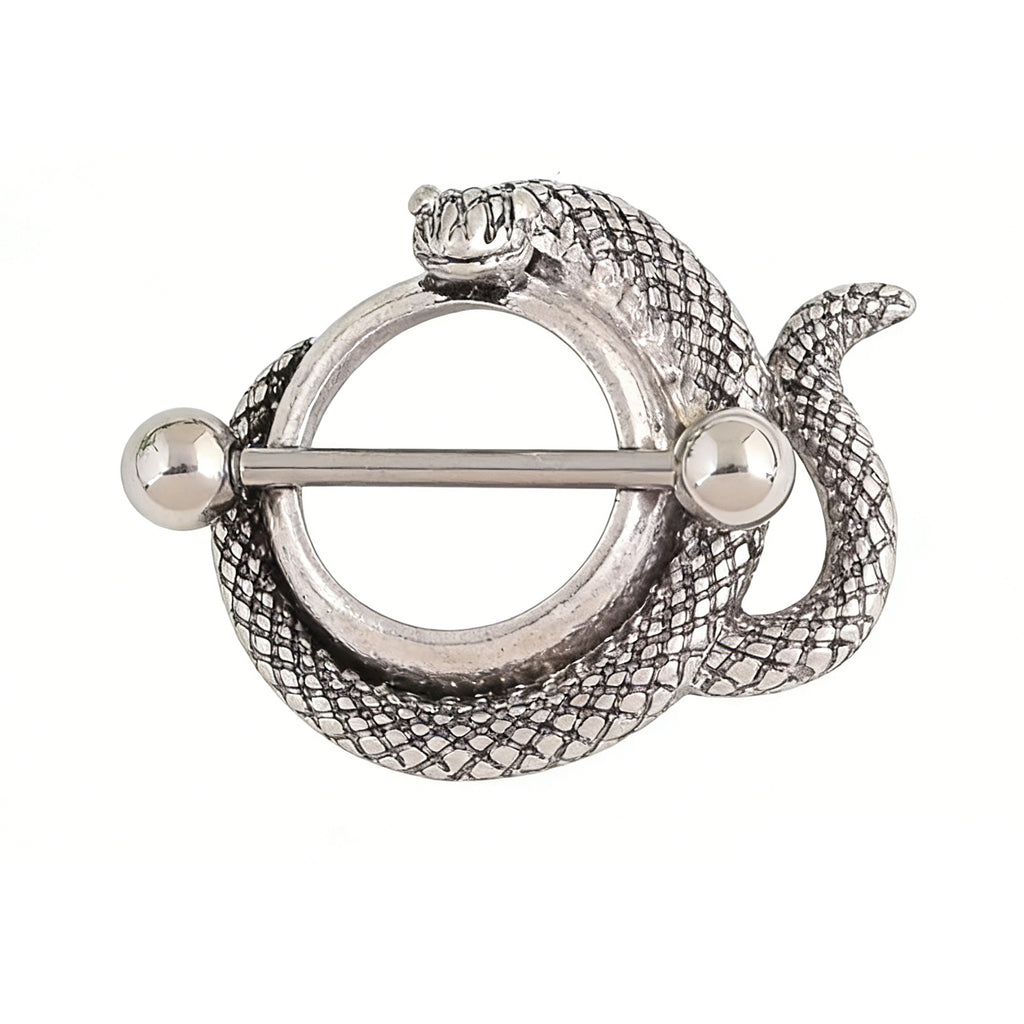 Front view of an antique silver snake nipple shield with a coiled serpent design.