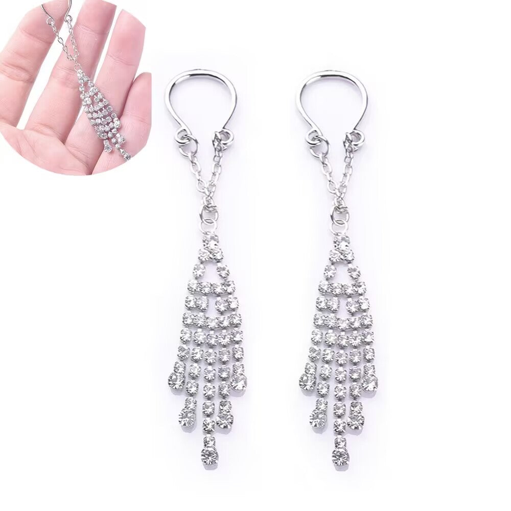 A pair of sparkling crystal dangle nipple clips for women.