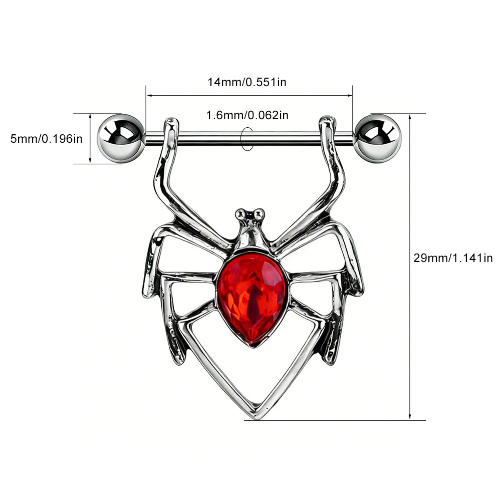 A matching pair of silver-tone spider nipple shields with ruby red gemstones for alternative styling.