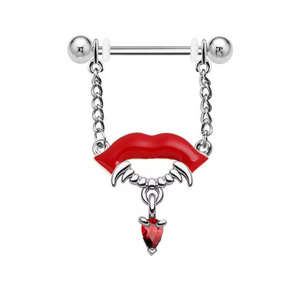 Gothic vampire lips nipple shield with red teardrop dangle.