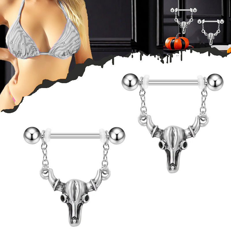Pair of silver bull skull nipple rings with dangle chains shown on a model and as a product set.