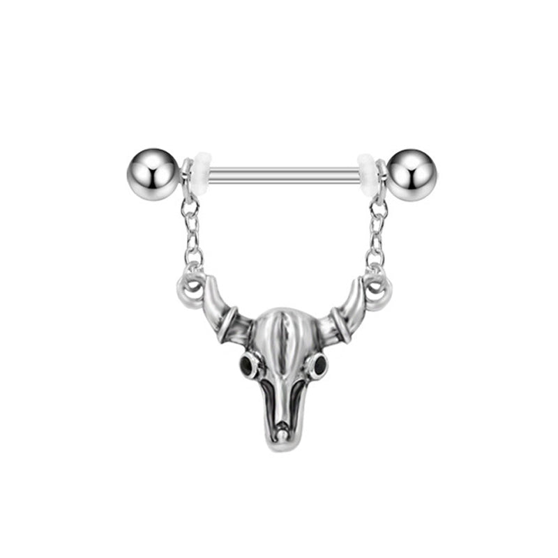 Antique silver bull skull nipple ring with dangle chains and black gem eyes, isolated on a white background for a clean product view.
