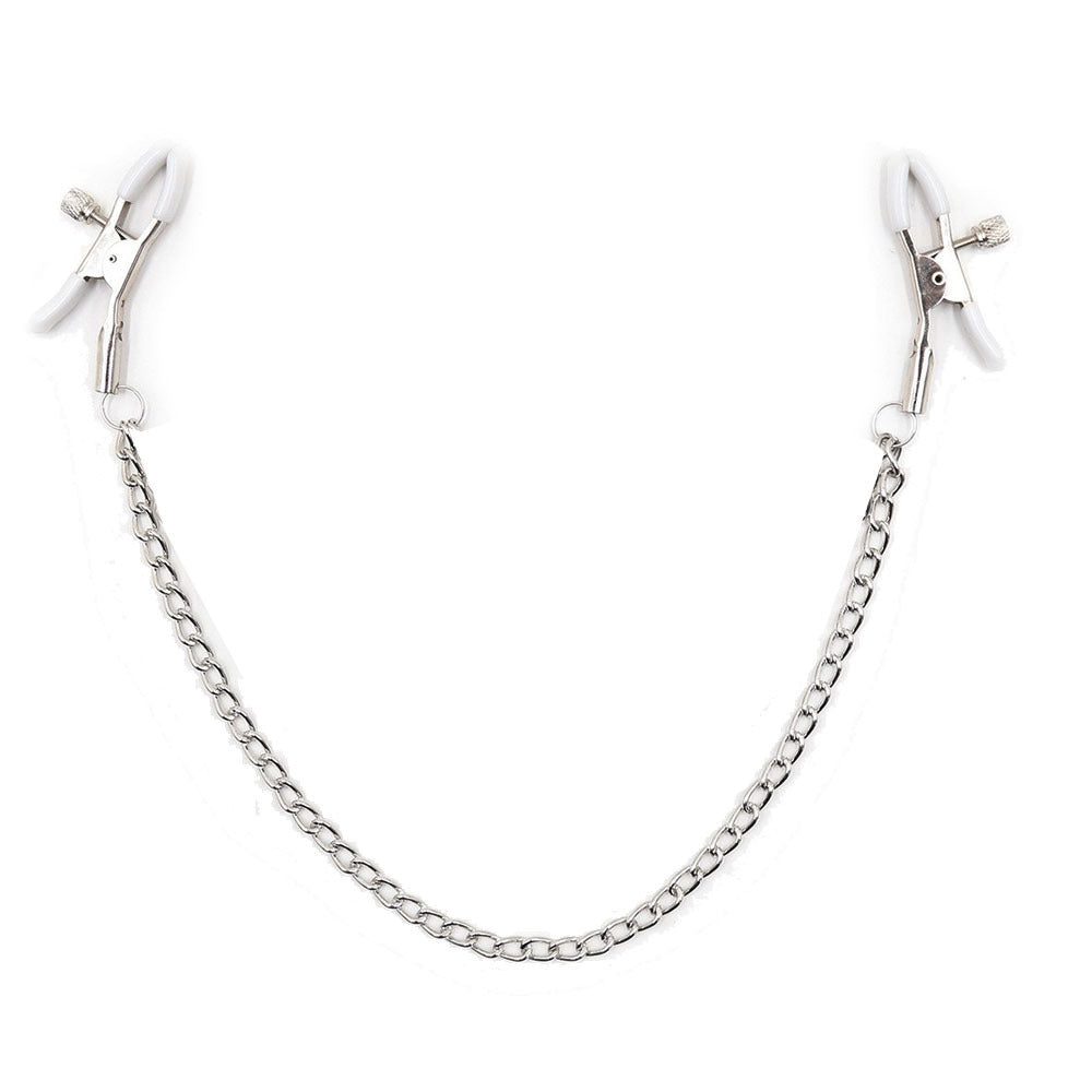 Minimalist silver nipple clamps with white tips for sensory play.