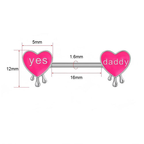 Close-up of pink heart nipple rings with 16mm bar length and 1.6mm gauge measurements.